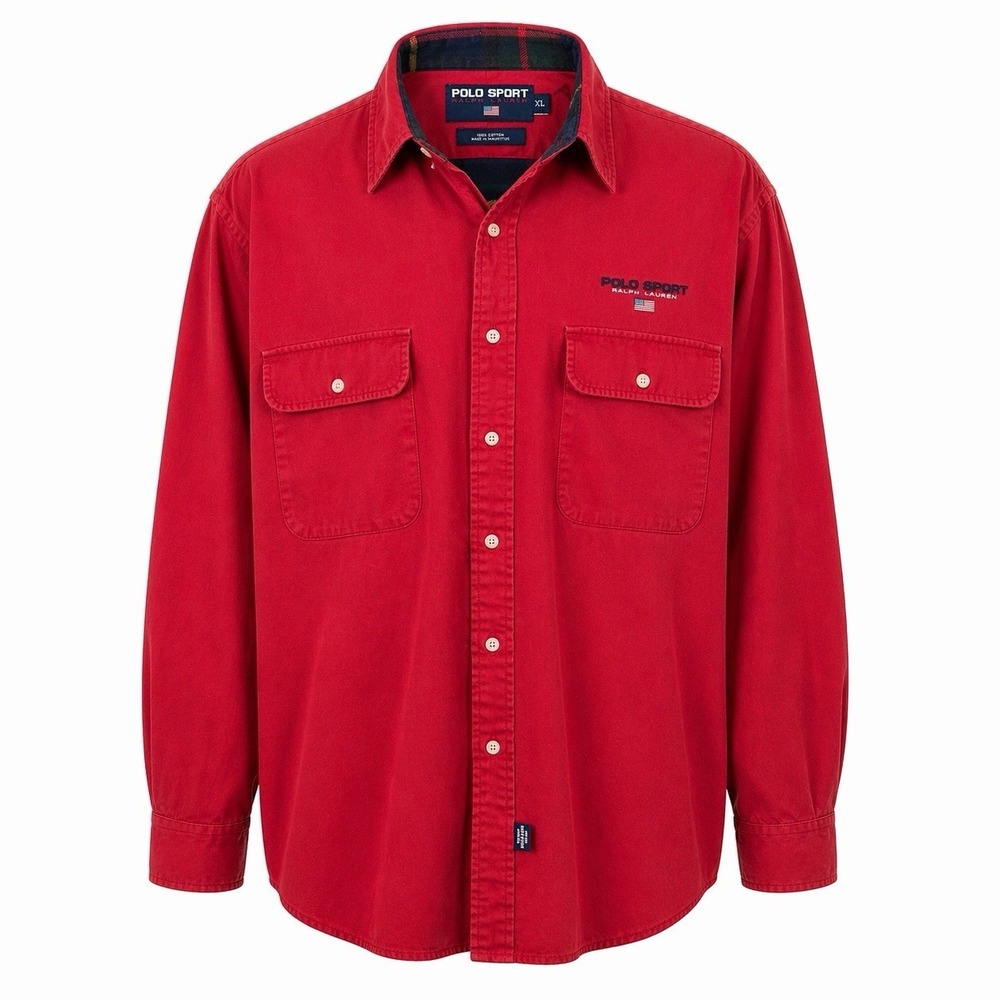 Polo Sport Ralph Lauren Men Red Button Up Shirt Logo XL Long Sleeve Plaid Inlay